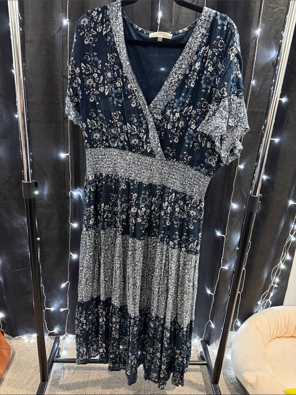 Floral V-Neck Midi Dress in Navy